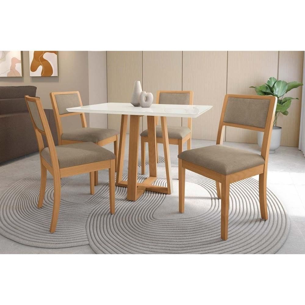 Conjunto Sala de Jantar Elma Premium Madeira Maciça c/ Tampo Madeirado c/ Vidro 120x80cm e 4 Cadeiras Alice Carvalho/Off White - Boucle Bege Fendi-Kap