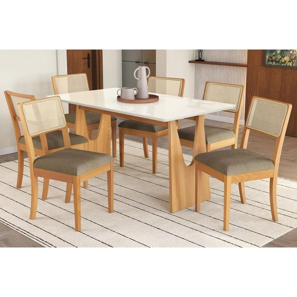 Conjunto Sala de Jantar Mila Premium Madeira Maciça c/ Tampo Madeirado c/ Vidro 160x90cm e 6 Cadeiras Lola Carvalho/Off White - Boucle Bege Fendi-Kapp