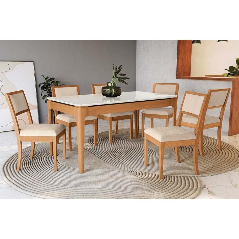 Conjunto Sala de Jantar Mira Premium Madeira Maciça c/ Tampo Madeirado c/ Vidro 160x90cm e 6 Cadeiras Alice Carvalho/Off White - Linho Bege Argila-Kap