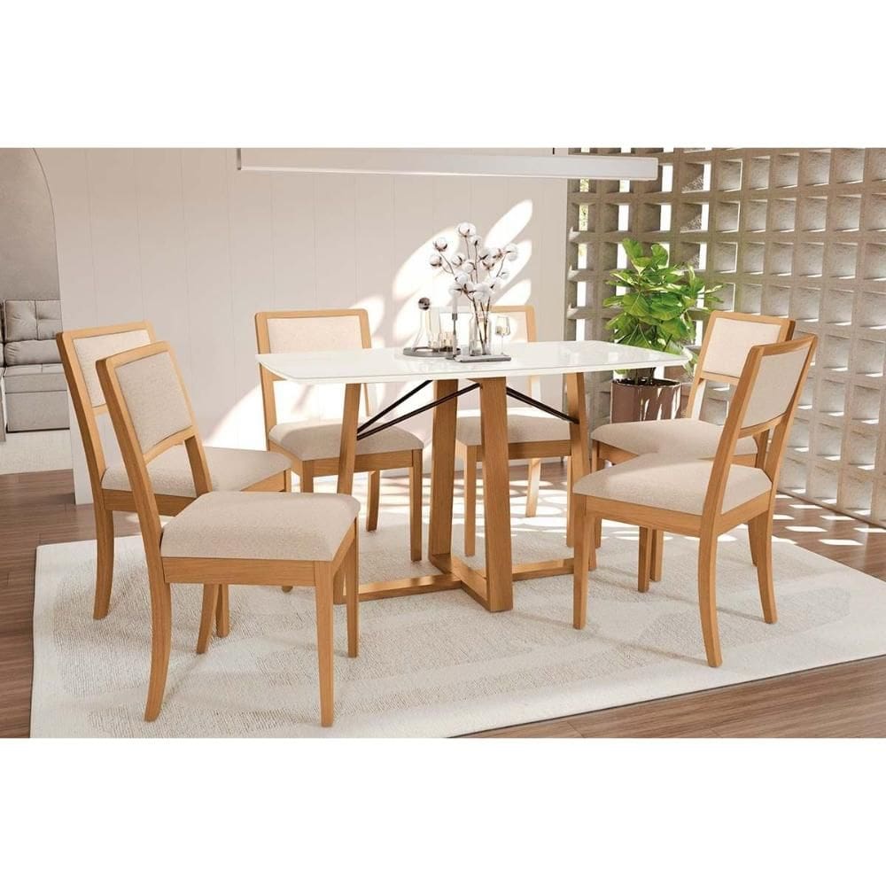 Conjunto Sala de Jantar Elma Premium Madeira Maciça c/ Tampo Madeirado c/ Vidro 170x90cm e 6 Cadeiras Alice Carvalho/Off White - Linho Bege Argila-Kap