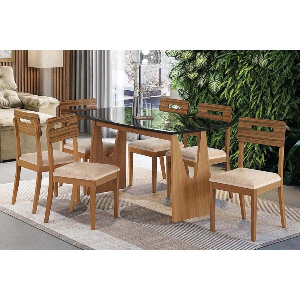 Conjunto Sala de Jantar Mila Premium Madeira Maciça c/ Tampo Madeirado c/ Vidro 170x90cm e 6 Cadeiras Lila Carvalho/Preto - Linho Bege Argila-Kappesbe