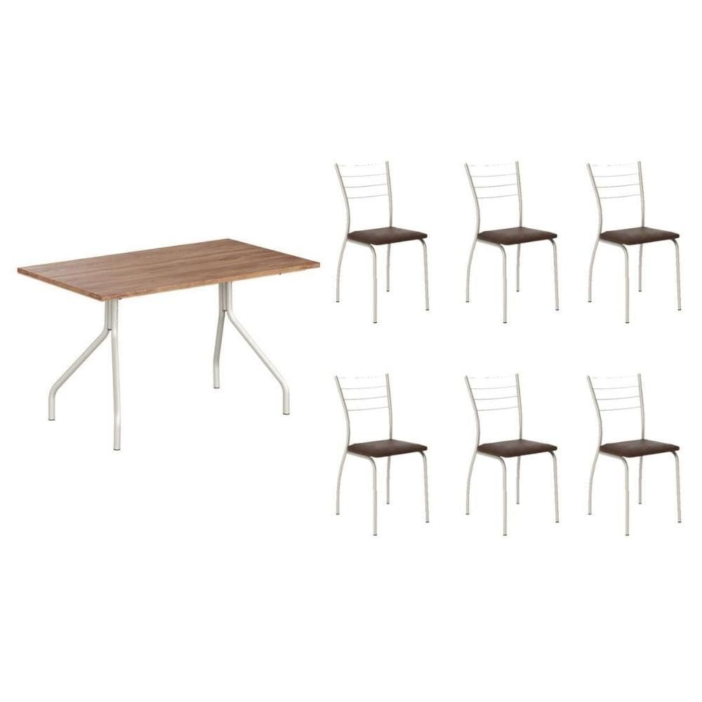 Sala de Jantar Completa 1556 Aço c/ Tampo Madeirado 136x80cm e 6 Cadeiras 1700 Prata/Freijo - Prata/Corano Cacau - Carraro