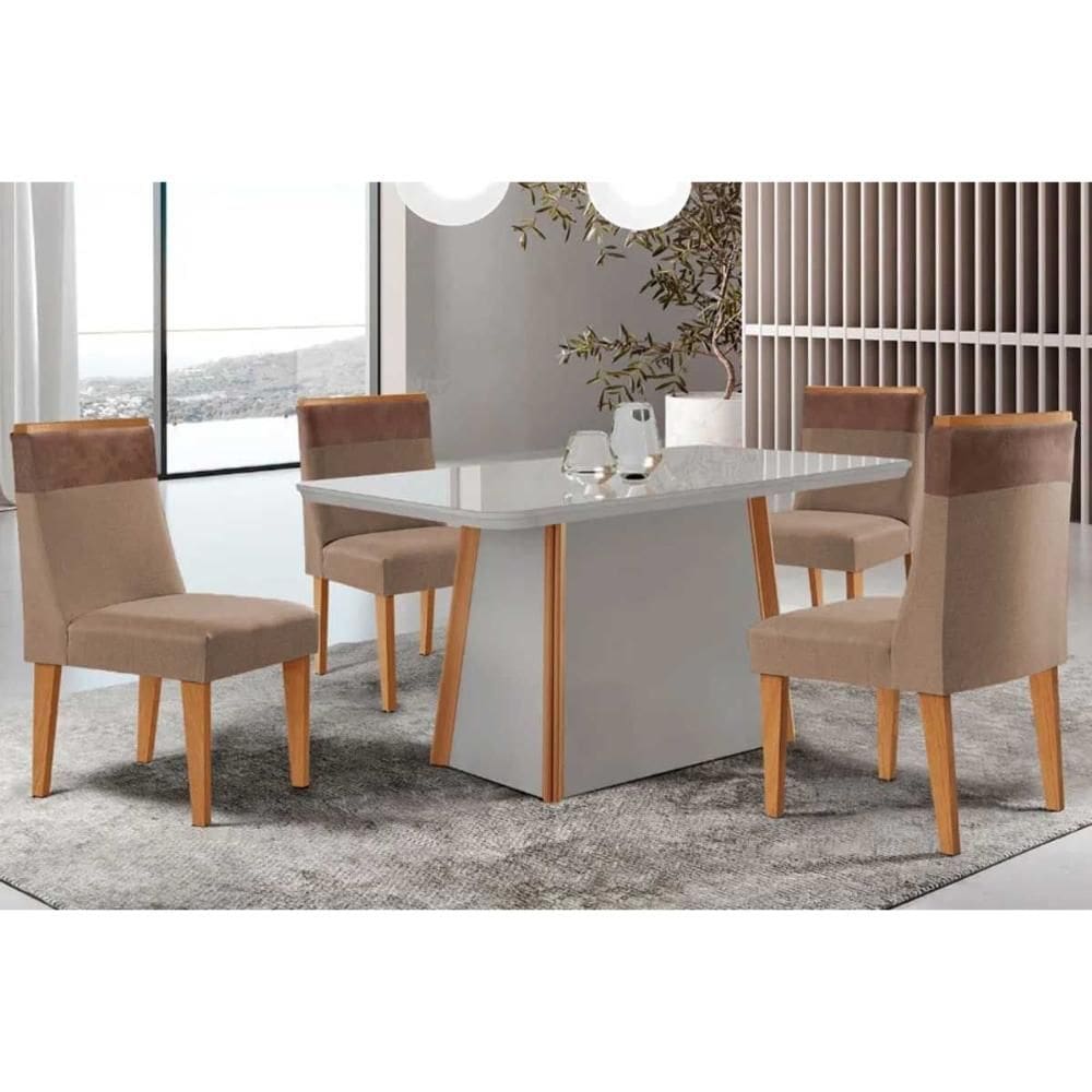 Conjunto Sala de Jantar Tilia c/ Tampo Madeirado c/ Vidro Canto Curvo 120x80cm e 4 Cadeiras Jaspe Madeira Maciça Naturale/Off White - Capuccino/Suede