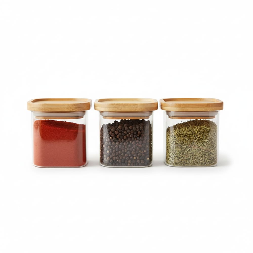 Jogo 3 Potes 150ml Vidro Boro Tampa de Bambu Quadrado Dynasty