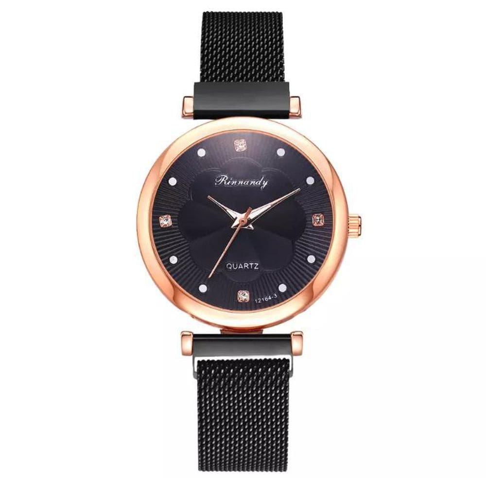 Relógio Dourado Preto Conjunto 5 Peças Pulseira Imã Gatinho