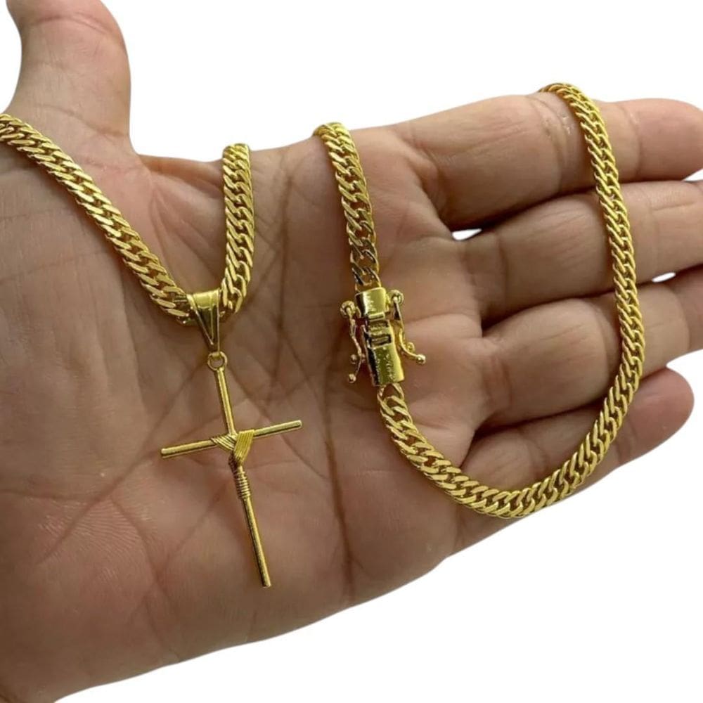 Cordão 5Mm Grumet + Pingente Cruz Fio - Banhado A Ouro 18K