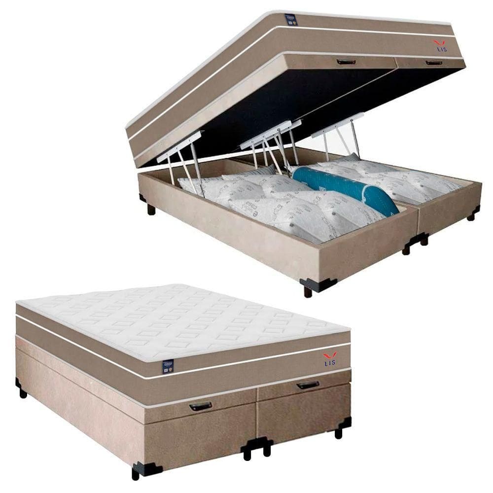 Cama Box Baú Casal Bipartido Suede + Colchão Lis Molas Ensacadas Plumatex 138cm ? Suporta Até 120 Kg Por Pessoa Bege