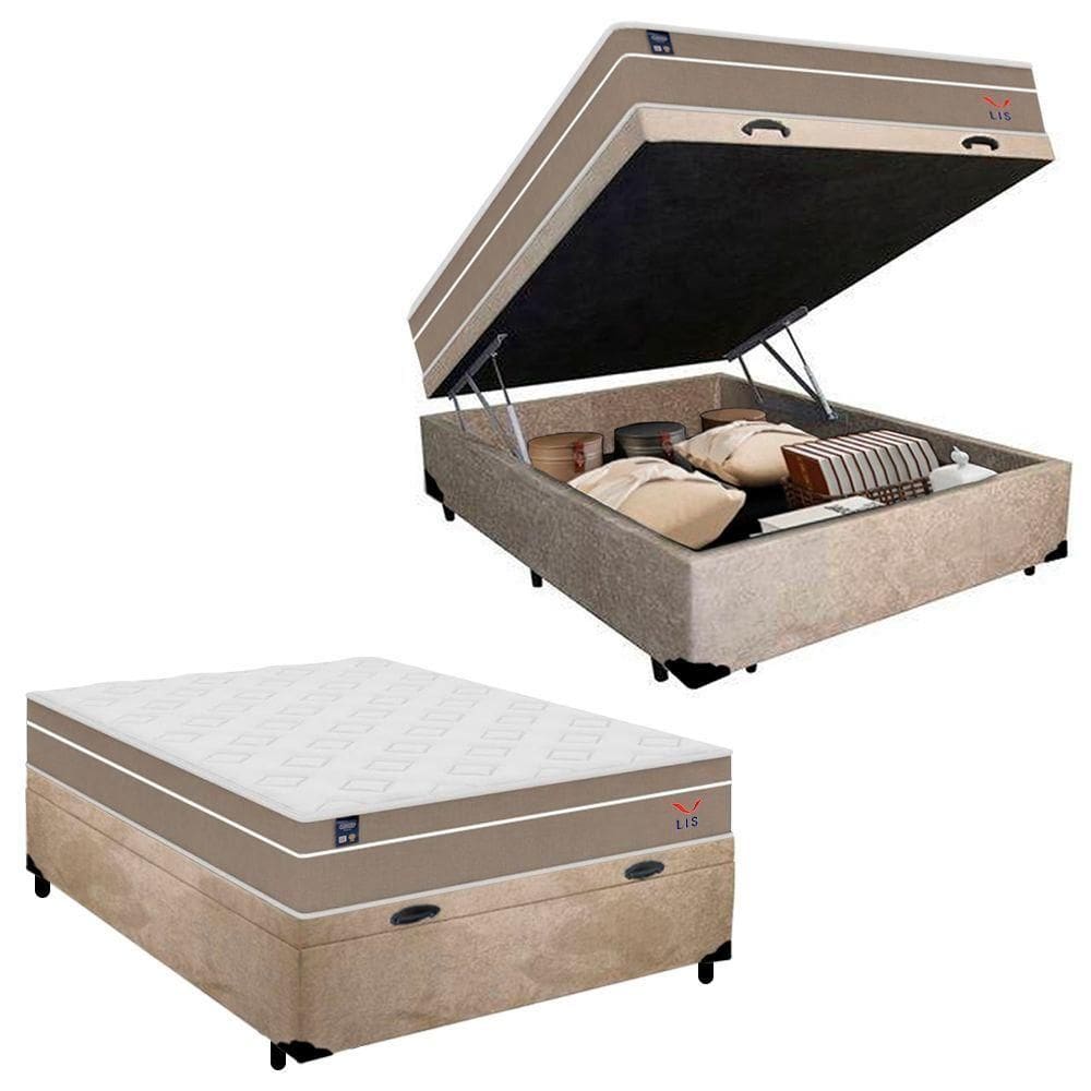 Cama Box Baú Casal Suede + Colchão Lis Molas Ensacadas Plumatex 138cm Bege