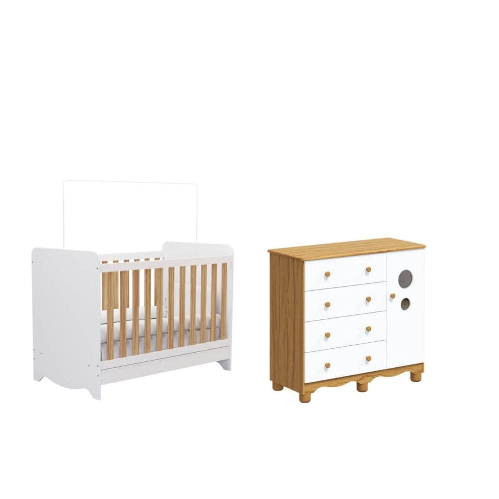Quarto Bebe Moveis Peroba Berço e Cômoda Ben Bolinha MDF