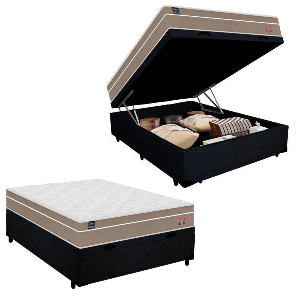 Cama Box Baú Casal Suede + Colchão Lis Molas Ensacadas Plumatex 138cm Preto