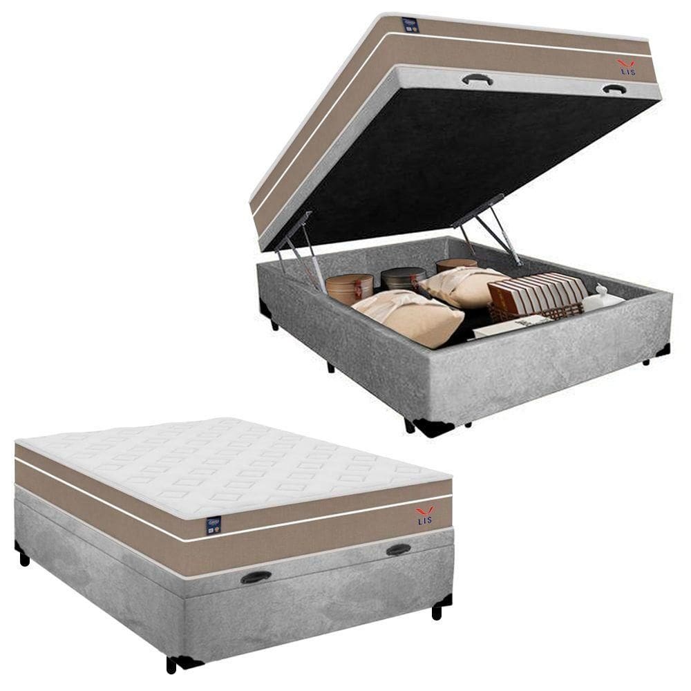 Cama Box Baú Casal Suede + Colchão Lis Molas Ensacadas Plumatex 138cm Cinza