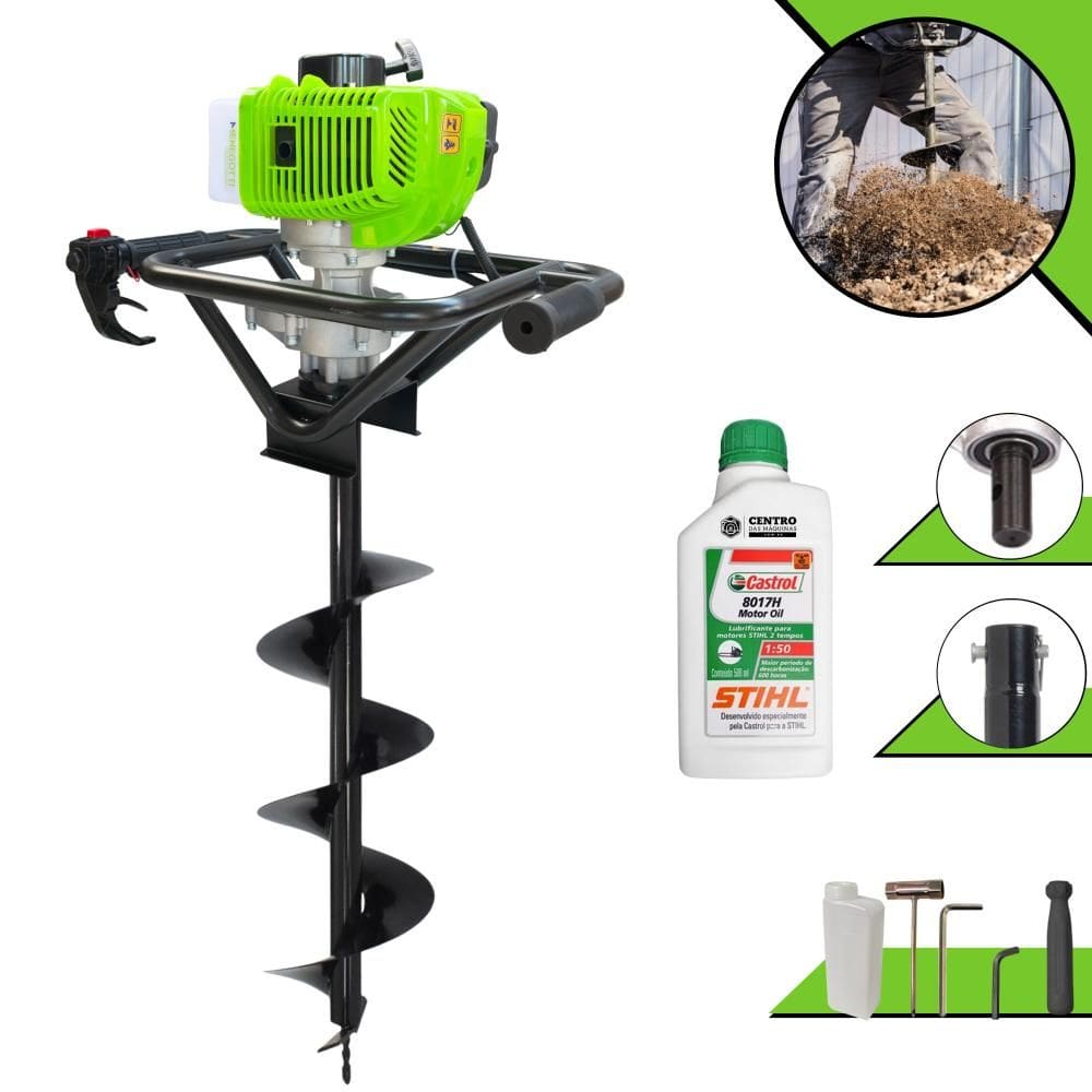 Perfurador Menegotti MPS52 À Gasolina 2T 52cc 9.000rpm 1,8HP de Potência Com Broca 80x20cm Para Mourões e Reflorestamento + ÓLEO STIHL 2T