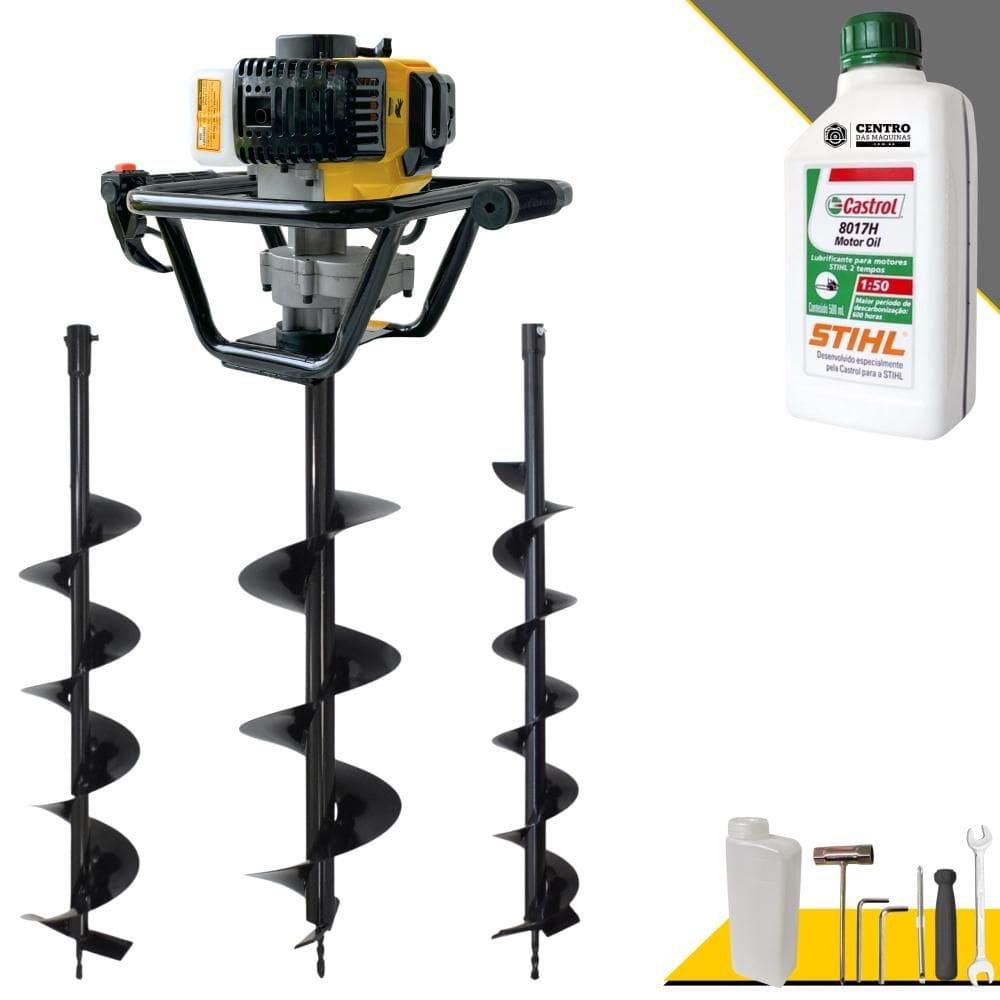 Perfurador À Gasolina Lynus PSL517 52cc 1,8HP 9.000rpm P/ Construção Civil e Mourões Com Brocas 80x10cm, 80x15cm e 80x20cm + EXTRA ÓLEO STIHL 2T