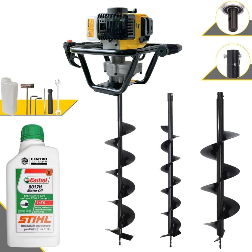 Perfurador de Polo Profissional À Gasolina Lynus PSL-517 1,8HP de Potência 52cc 9.000rpm + Conjunto de Brocas 80x10, 80x15 e 80x20 + ÓLEO STIHL