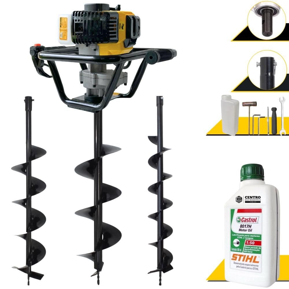 Perfurador de Solo Lynus PSL-517 À Gasolina Motor 2T 52cc 1,8HP 9.000rpm Empunhadura Ergonômica + Brocas 80x10, 80x15 e 80x20 + ÓLEO STIHL 2T