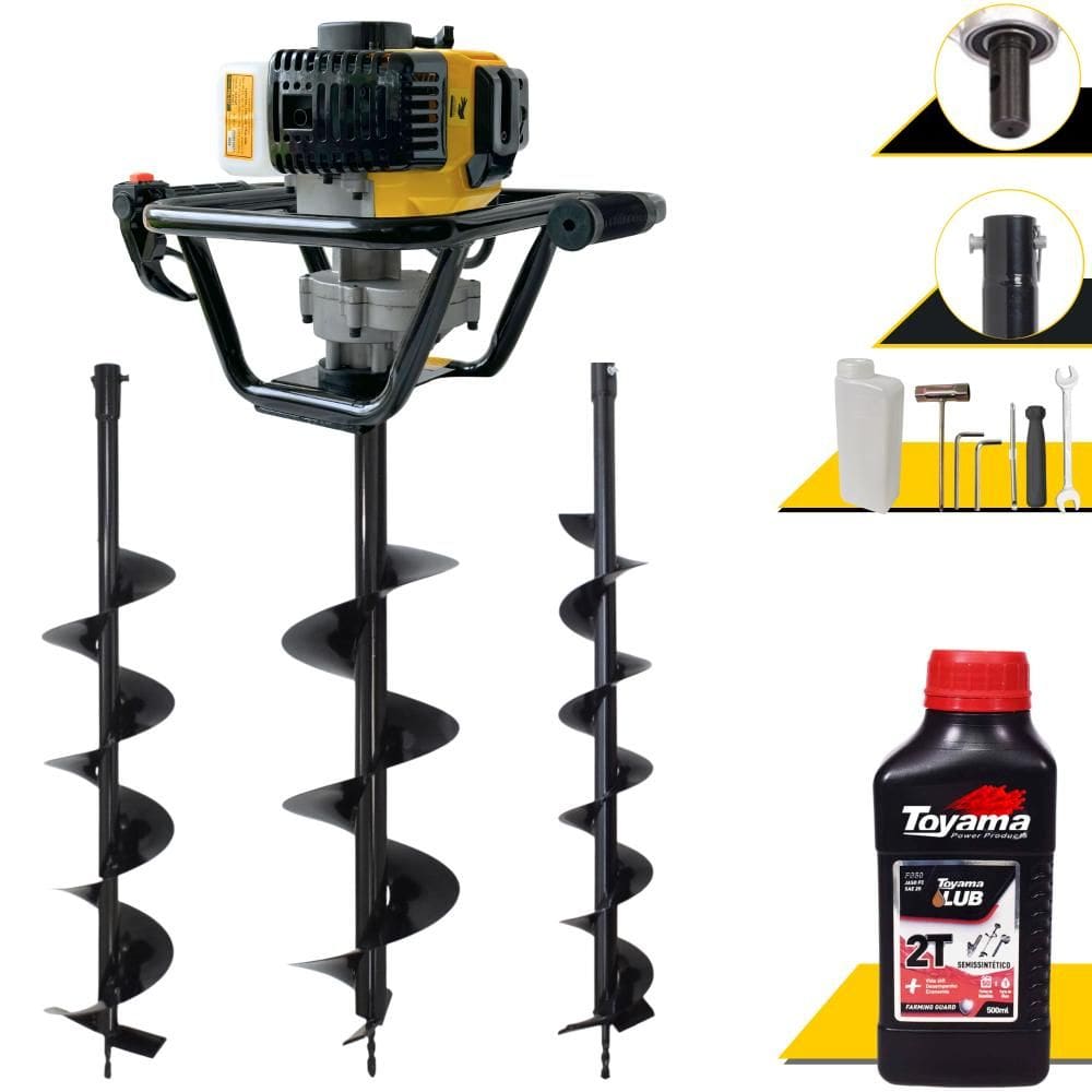 Trado Motorizado Lynus PSL517 À Gasolina 2T 52cc 1,8HP 9.000rpm Perfurador de Solo Profissional Com Brocas 80x10cm 80x15cm 80x20cm + ÓLEO TOYAMA 2T