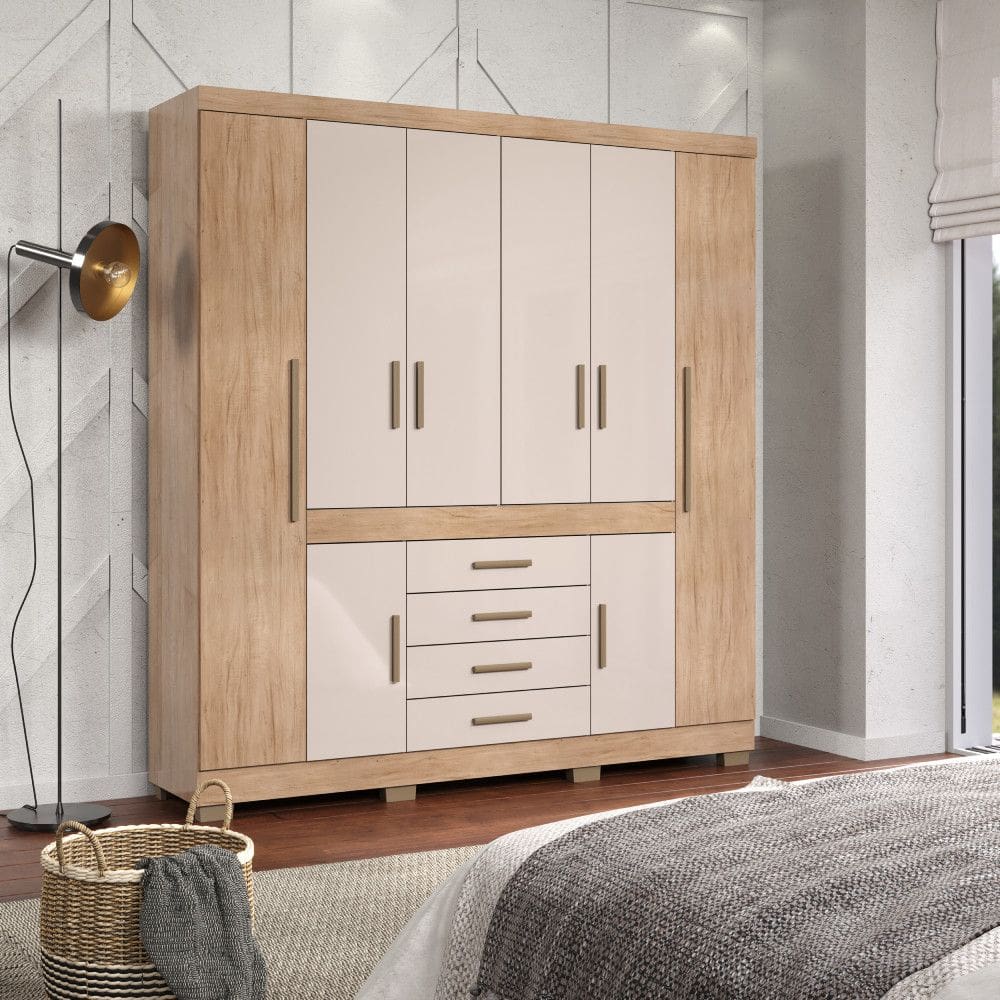 Guarda-Roupa Casal 4 Portas 6 Gavetas com Corredicas Telescopicas 2 Cabideiros e Prateleiras Espacoso