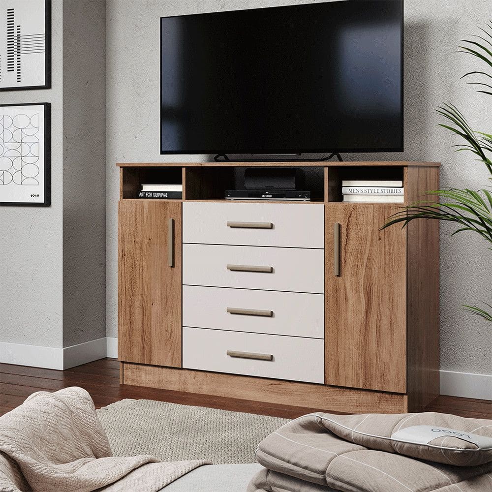 Comoda Sapateira Grande 2 Portas 4 Gavetas com Nichos para Quarto Corredicas Telescopicas Design Moderno