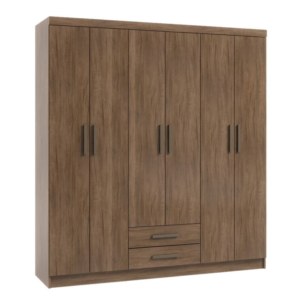 Guarda-Roupa Casal 6 Portas 2 Gavetas MDP Amendoa com Cabideiro e Prateleiras Corredica Telescopica