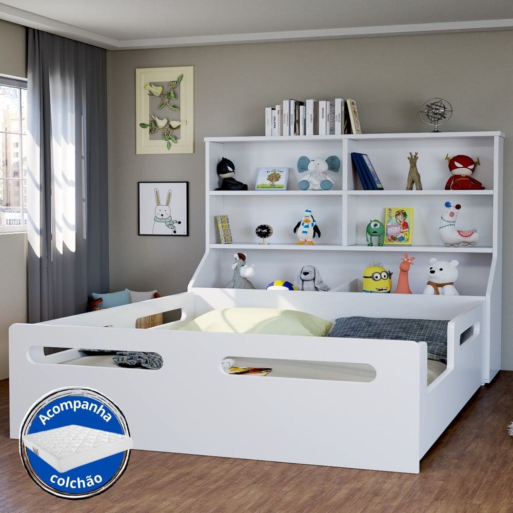 Cama Montessoriana Casal com Cabeceira Organizadora de Brinquedo E Colchão