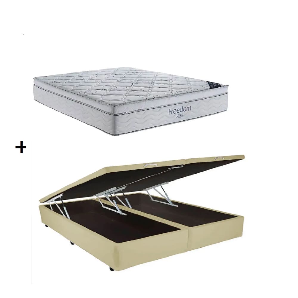 Cama Box Baú Queen Bipartido Bege Colchão Freedom Molas Ensacadas 158x198 - Ortobom
