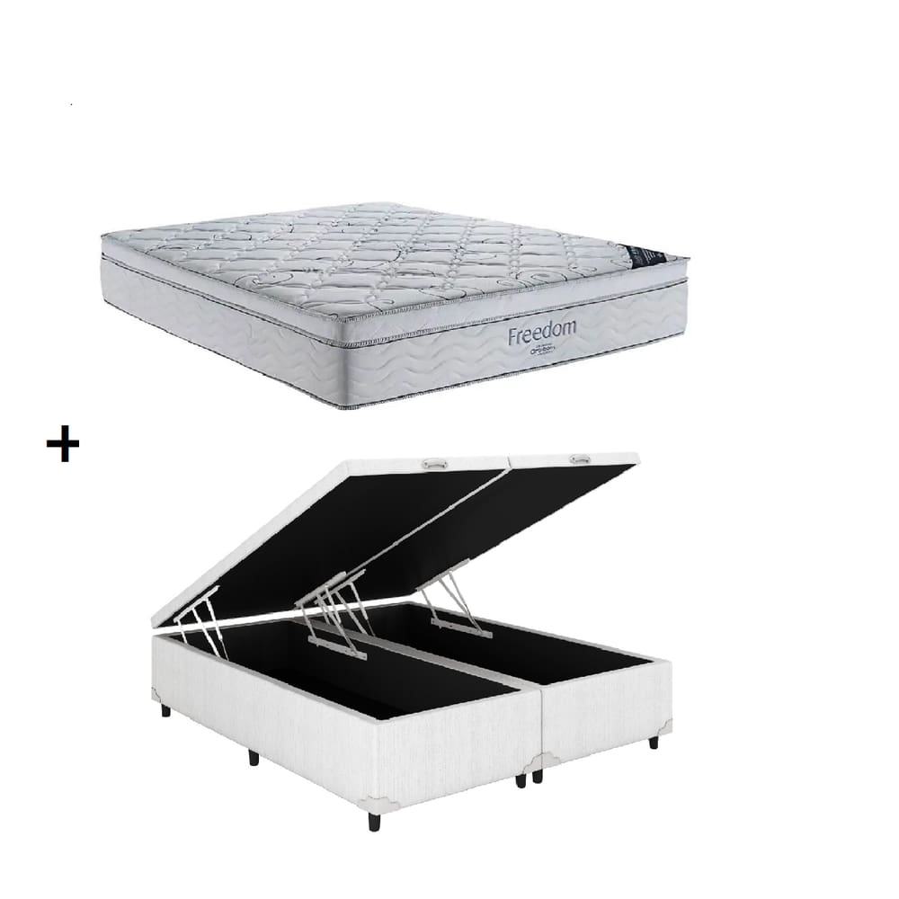 Cama Box Baú Queen Bipartido Branco Colchão Freedom Molas Ensacadas 158x198 - Ortobom