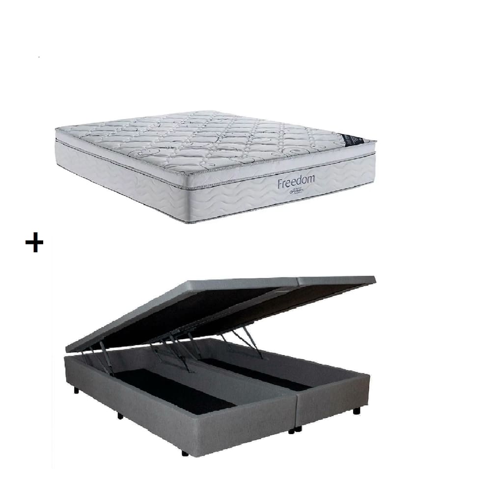 Cama Box Baú Queen Bipartido Cinza Colchão Freedom Molas Ensacadas 158x198 - Ortobom