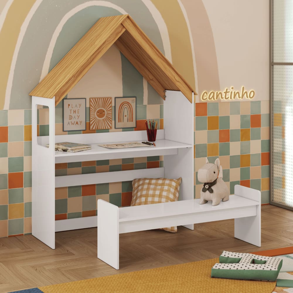Escrivaninha Casinha Com Banco Infantil Montessoriana 100% MDF