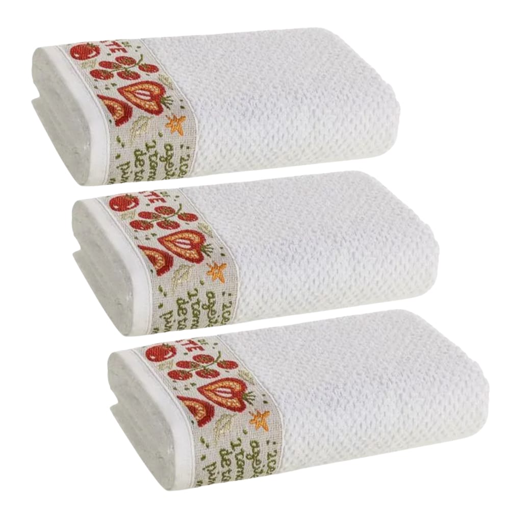 Kit 3 Panos de Copa Prato Felpudo Karsten 46x65 cm Receitas com Barra Decorativa cor Branco