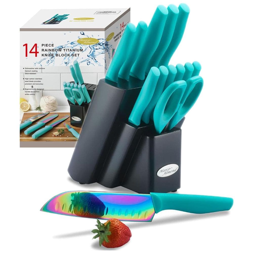 Conjunto de Facas em Titânio com Bloco de Bancada, 14 Peças, MARCO ALMOND KYA27, Azul