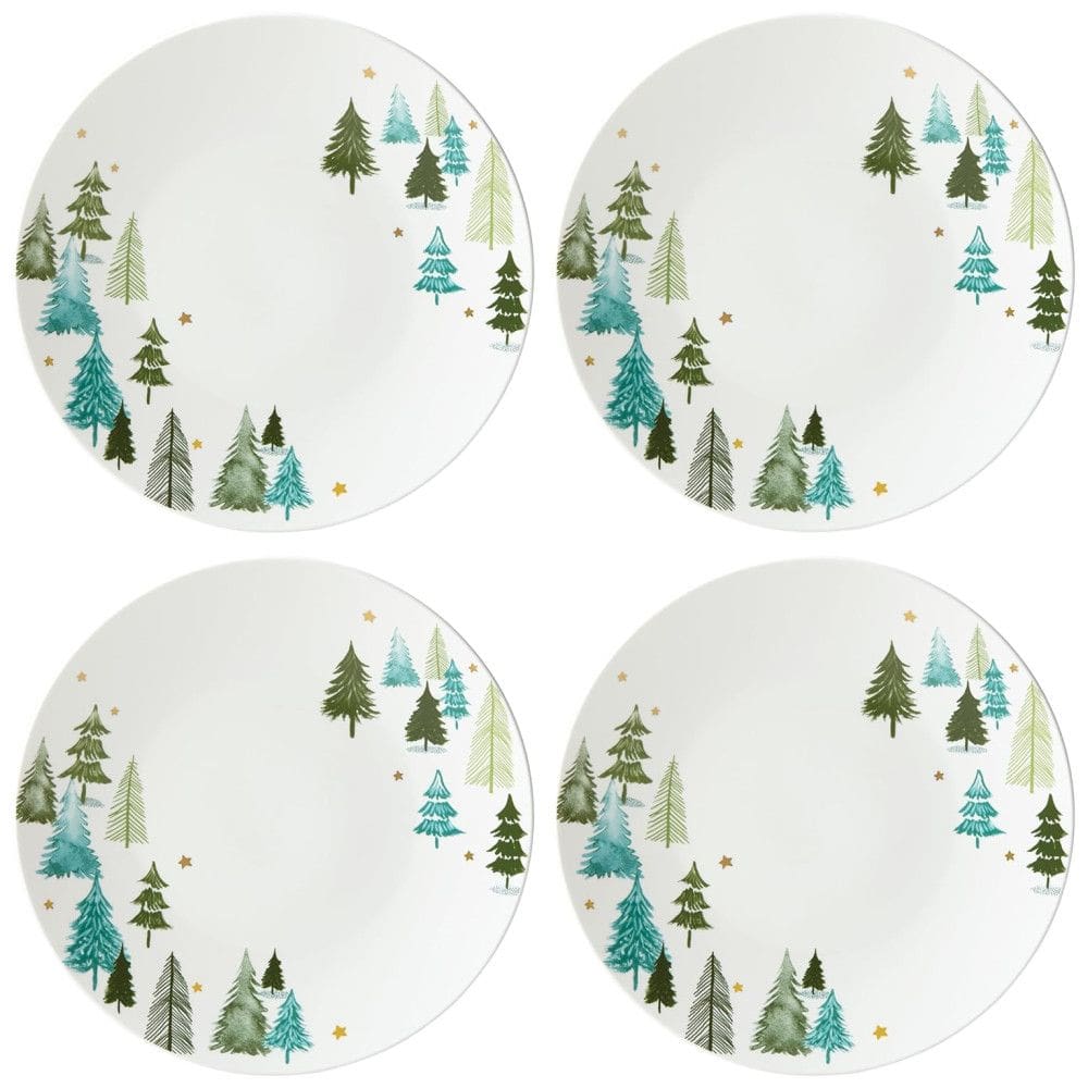 Conjunto de Pratos Rasos Jantar Natal com 4 Peças, Formato Redondo, Material de Porcelana e Tema de Floresta, LENOX 880068, Branco e Verde
