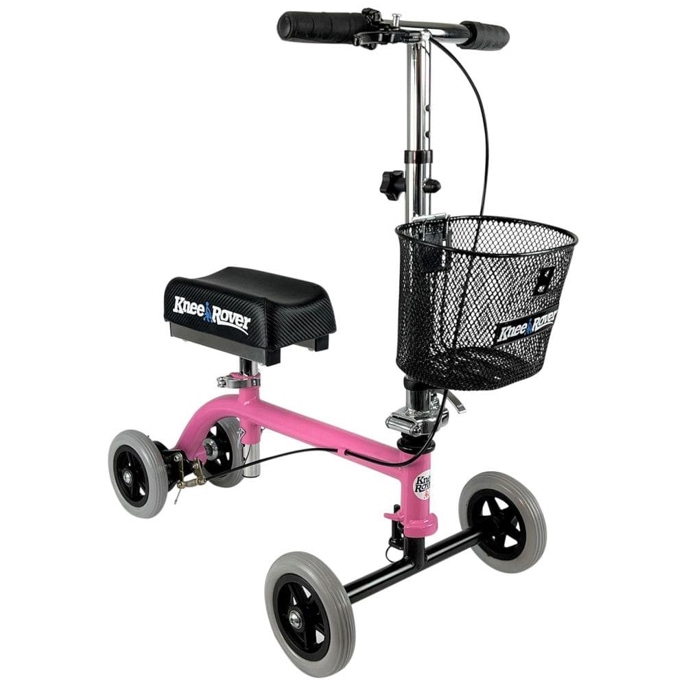 Andador 4 Rodas Dobrável com Cesta e Apoio para Joelho Ideal para Lesões Suporta 72 kg, KNEEROVER, Rosa