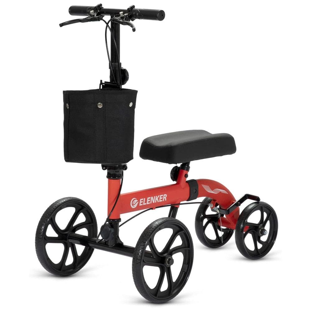 Andador 4 Rodas Dobrável com Cesta e Apoio para Joelho Ideal para Lesões Suporta 136kg, ELENKER, Vermelho