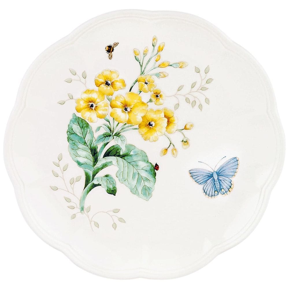 Prato Decorativo de 22 cm com Tema de Flores e Borboleta, Formato Redondo e Material de Porcelana, LENOX, Branco Colorido