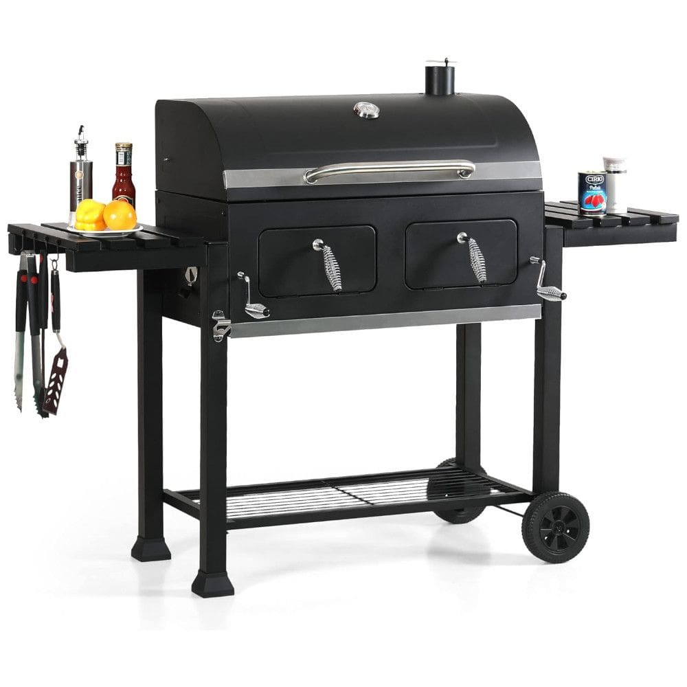 Churrasqueira a Carvão Grande com Termostato 2 Compartimentos para Carvão e Mesas Laterais, CAPTIVA DESIGNS, Preto
