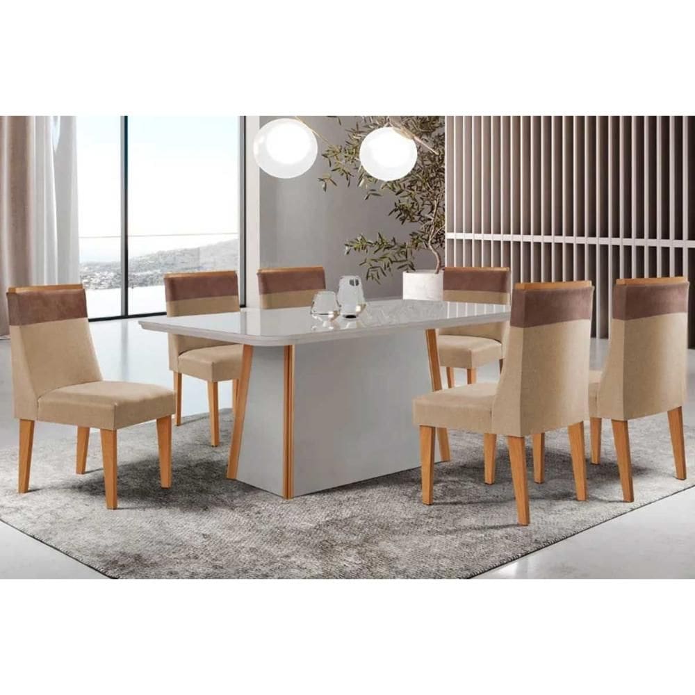 Conjunto Sala de Jantar Tilia c/ Tampo Madeirado c/ Vidro Canto Curvo 180x90cm e 6 Cadeiras Jaspe Madeira Maciça Naturale/Off White - Capuccino/Linho