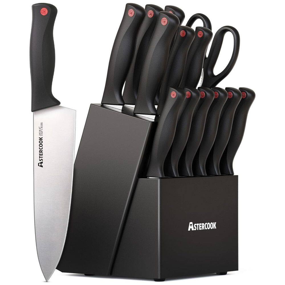 Conjunto de Facas em Aço Inoxidável com Afiador Embutido e Bloco de Bancada 14 Peças, ASTERCOOK K15016P, Preto
