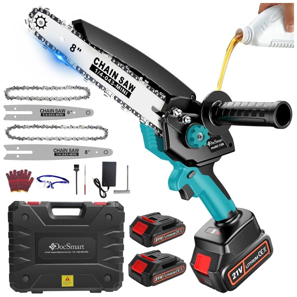Motoserra Elétrica Portátil sem Fio com 2 Baterias Recarregáveis 21V, DocSmart, Azul