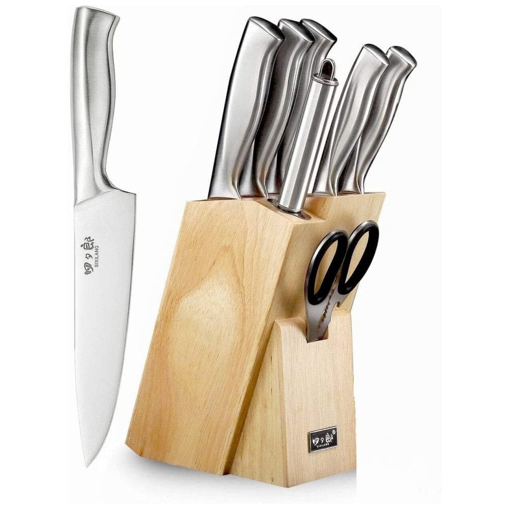 Conjunto de Facas em Aço Inoxidável com Bloco de Bancada, 8 Peças, SIXILANG 3Cr13, Prateado