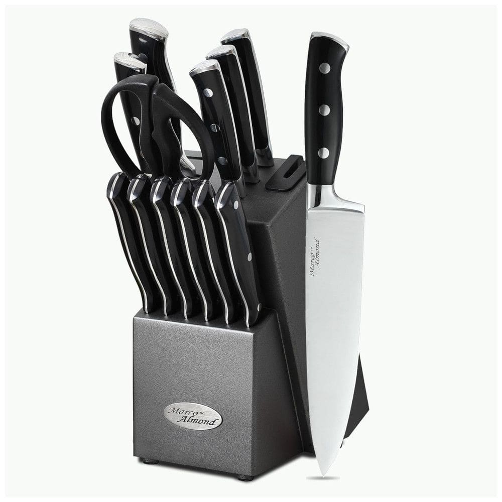Conjunto de Facas em Aço Inoxidável com Afiador Embutido e Bloco de Bancada 14 Peças, MARCO ALMOND KYA31, Preto