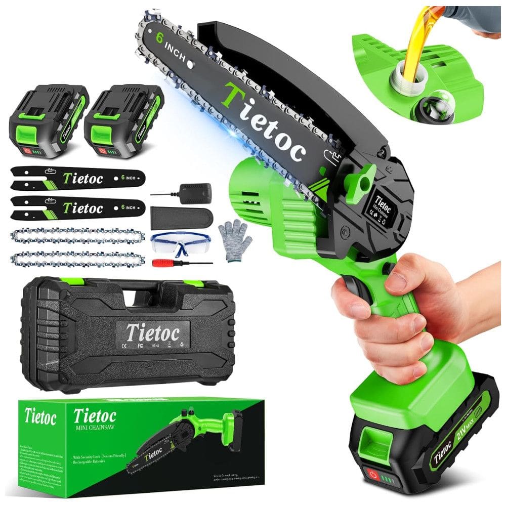 Mini Motosserra Elétrica Portátil Movida a Bateria 21V, 880W, Tietoc, Verde