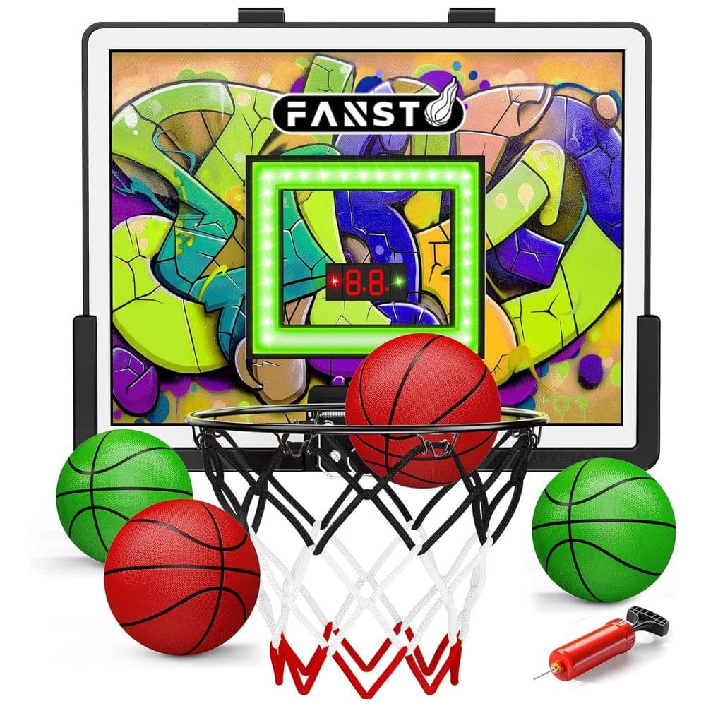 Cesta de Basquete com 4 Bolas, Luz LED Anti-impacto, Placar Eletrônico e 2 Modos de Jogo para Crianças de 5 a 12 Anos, Fansto