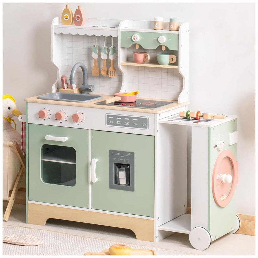 Cozinha Educativa de Madeira ROBUD para Crianças, Conjunto de Brinquedo com Churrasqueira, Máquina de Gelo, Cafeteira e Acessórios