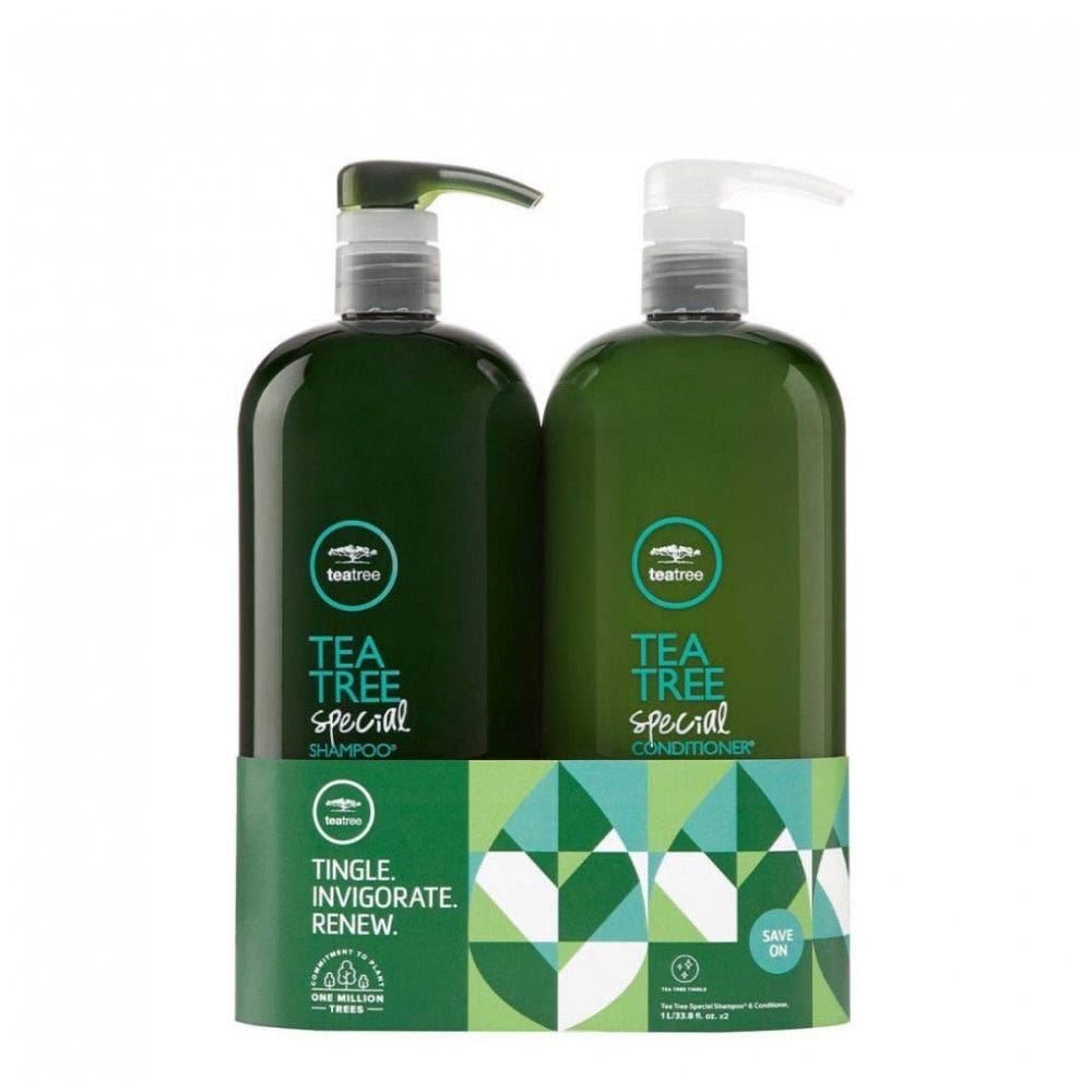 Shampoo e Condicionador 1L com Óleo Natural da Árvore do Chá, Hortelã pimenta e Revigoram o Couro Cabeludo, TEA TREE A96 EC1 4DB, Verde