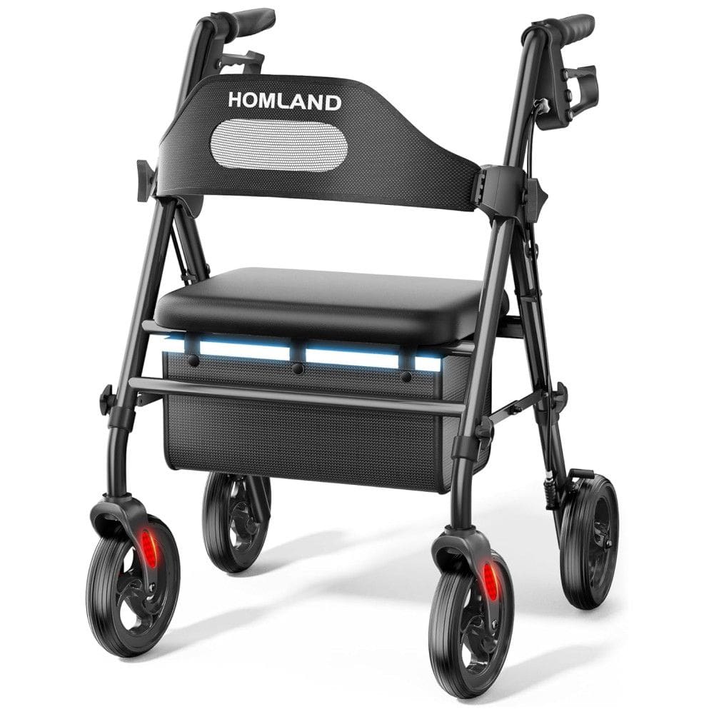 Andador Dobrável para Idoso, com Assento, Rodas Grandes de 20 cm para Todos os Terrenos, Altura Ajustável e Suporta até 158 kg, HOMLAND