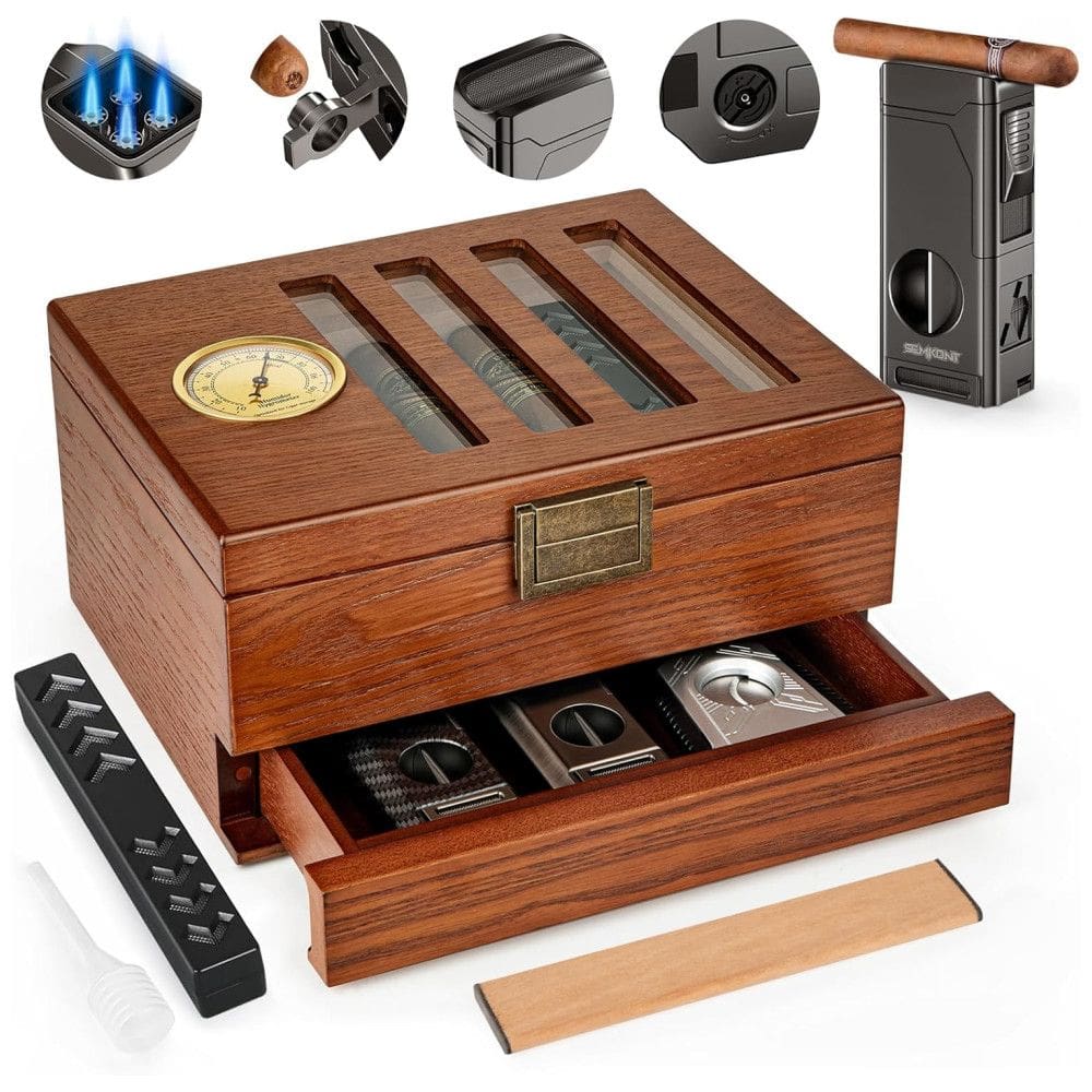 Umidor de Charutos SEMKONT - Gaveta com Fechadura Retrô, em Cedro, Tampo de Vidro com Higrômetro Embutido, com Umidificador