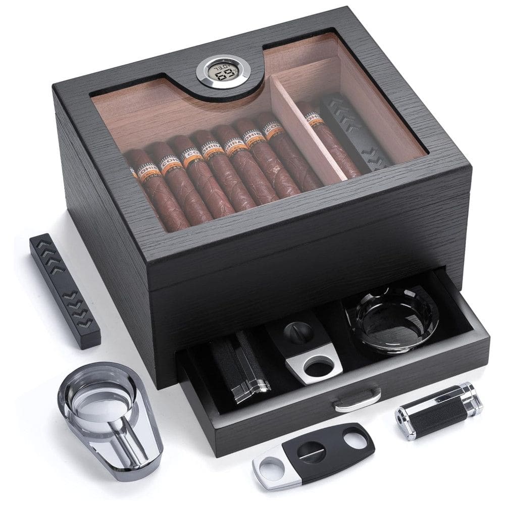 Umidor de Charuto com Gaveta, Cedro Espanhol, 50 Charutos, Higrômetro Digital, Umidificador, Cinzeiro - Kit Completo, CINOROW