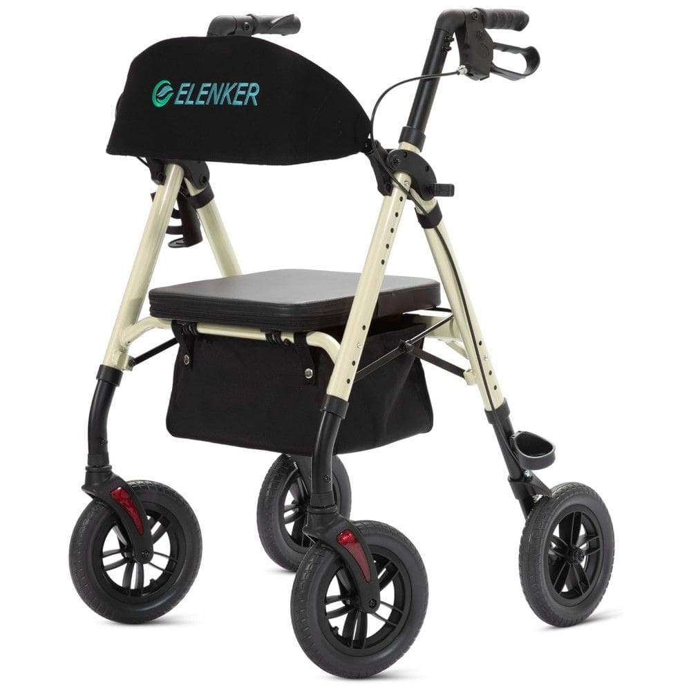 Andador para Idosos com Assento e Encosto Acolchoado e Estrutura Ajustável, Até 136 Kg, ELENKER, Champanhe