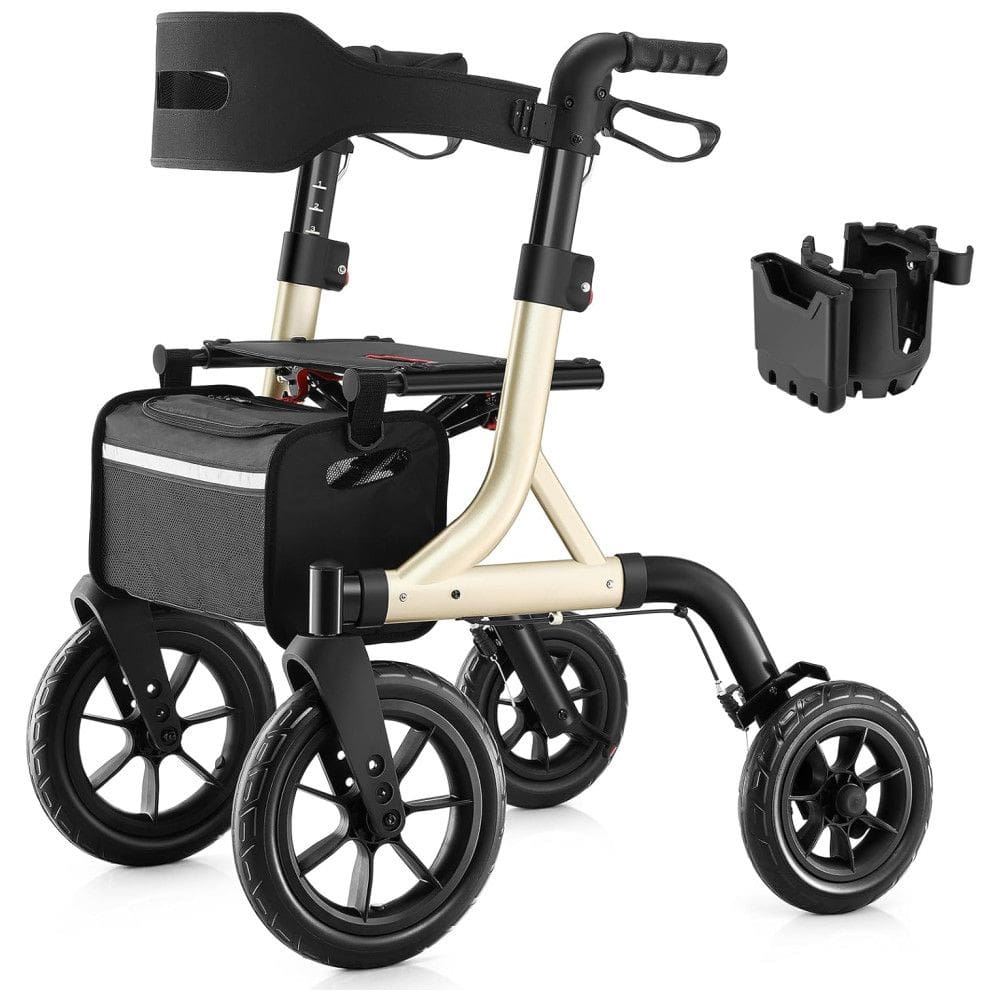 Andador Dobrável para Idosos com Assento, Ajuste de Altura e Rodas Grandes, MAXWALK, Ouro