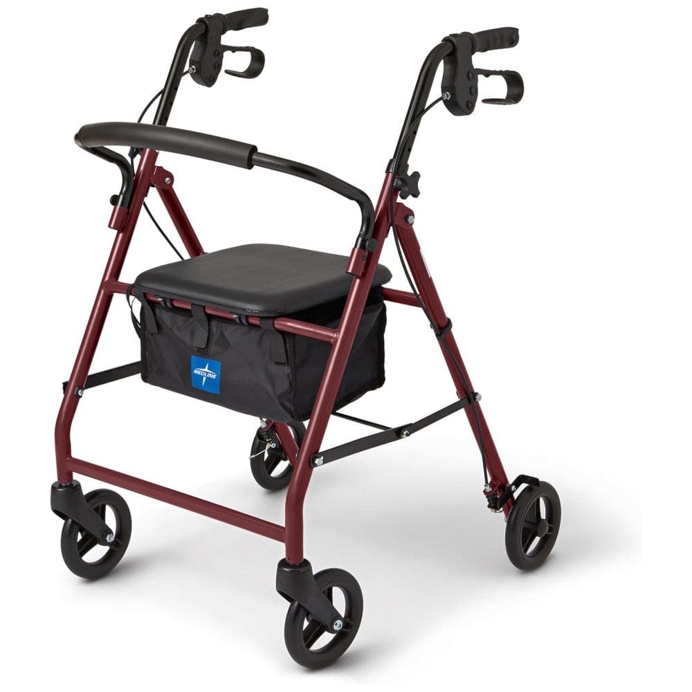 Andador Rollator de Alumínio Medline com Assento, Borgonha, Capacidade de 113kg, Leve, 6 Rodas, Dobrável, Manoplas Ajustáveis